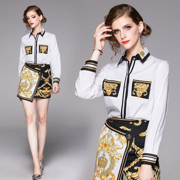 Long sleeve shirt + short skirt two-piece suit