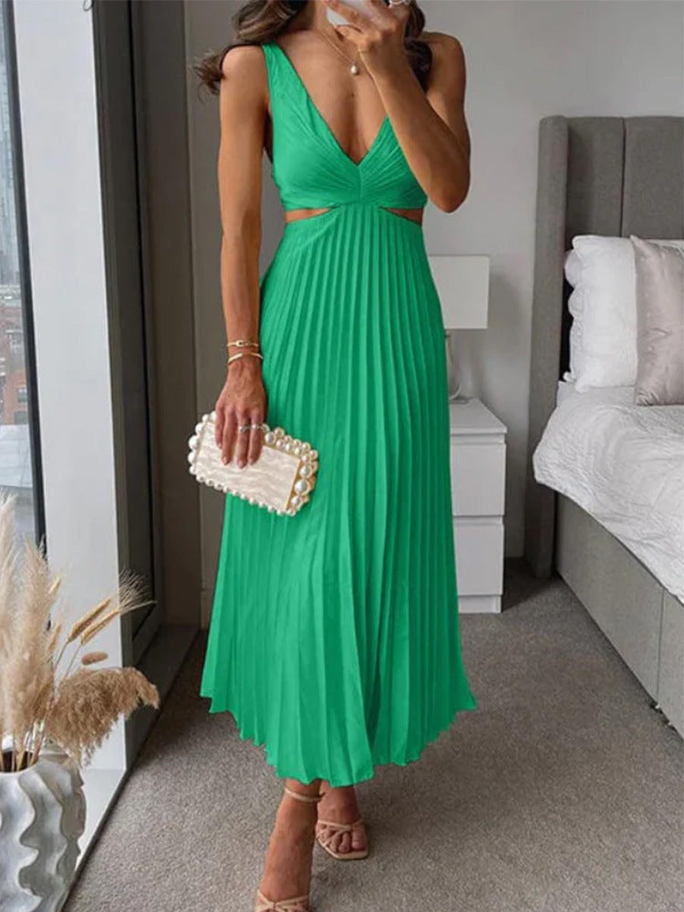Ins Suspender Pleated Long Dress  - With Hollow-waisted Design  - Fashion V-neck Backless Dresses - Summer Women's Clothing
