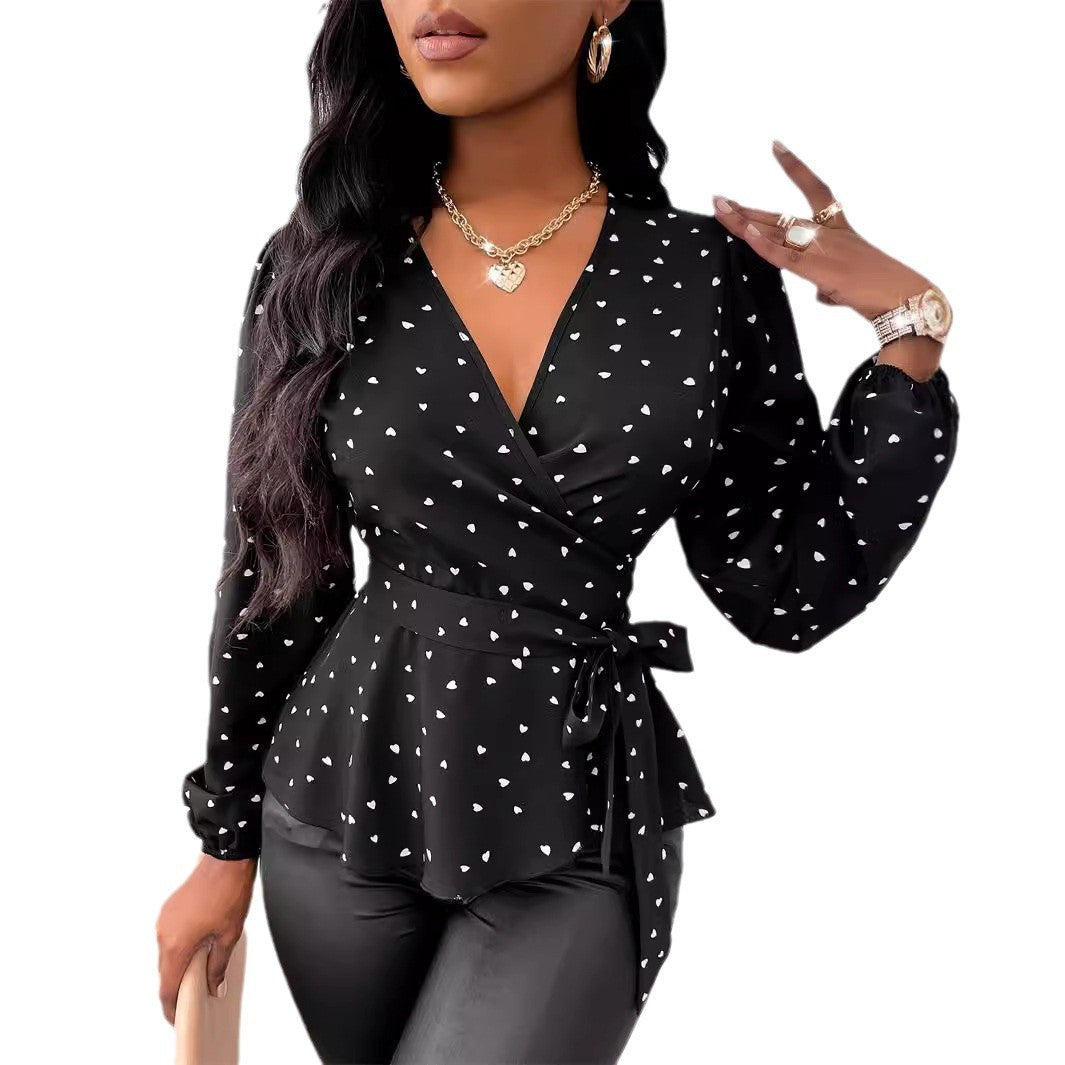 Women's V-neck -Heart Shape Printed Cross Collar Drawstring Shirt