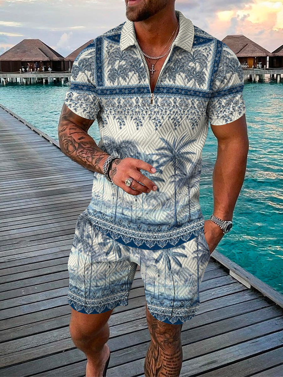 Men's Summer Fashion 3D Printed Short Sleeve Geometric Zip Lapel Shirt Set