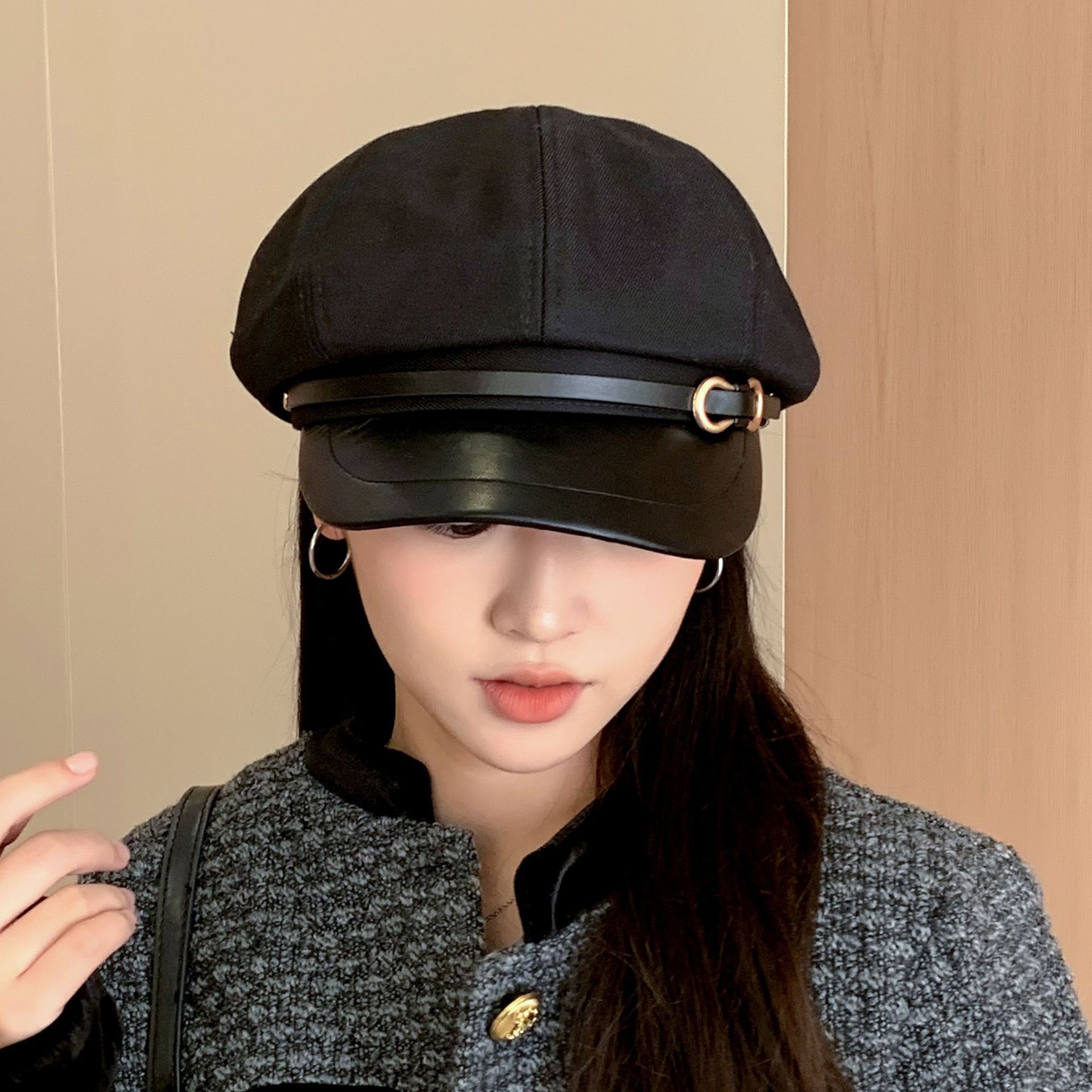 Casual Face-showing Small Peak Cap Octagonal Cap Leather Brim Hat With Buckle