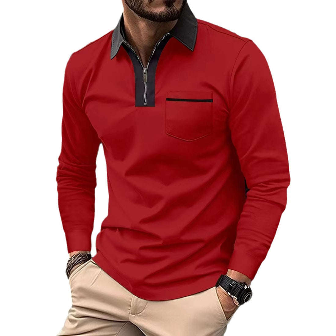 2024 Autumn Mens Long Sleeve - Zipper Polo Shirts -Casual Lapel Collar Zip Up Henley Shirts - Cotton Sports -Golf -Tennis T-Shirts With Pockets