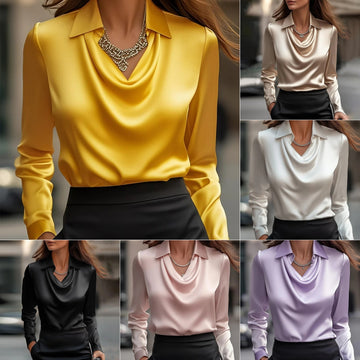 Women's Swing Collar Draped Shirts & Blouses Elegant -Solid Satin Office Ladies Top Pullover Spring Long Sleeve Casual Tops