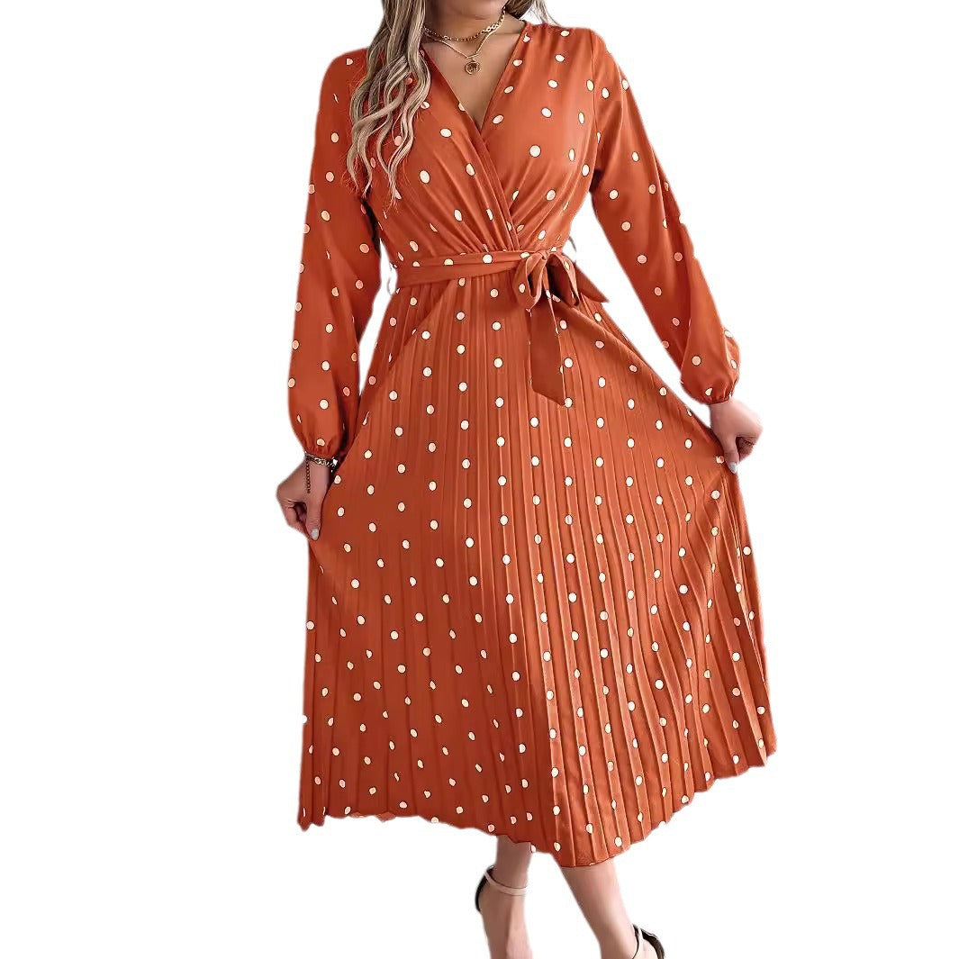 Spring  / Summer  - Elegant Long Dress -  Cross V-Neck Contrast Polka Dot Long Sleeve Pleated  Dresses