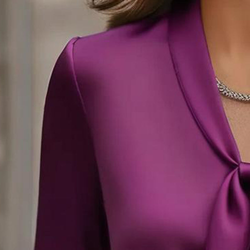 Women's Elegant Blouse With Ribbon Detail, Long Sleeve Dressy Top For Business Casual Office