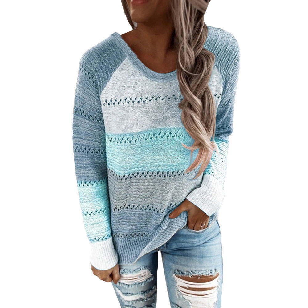 Long sleeve pullover color block sweater top