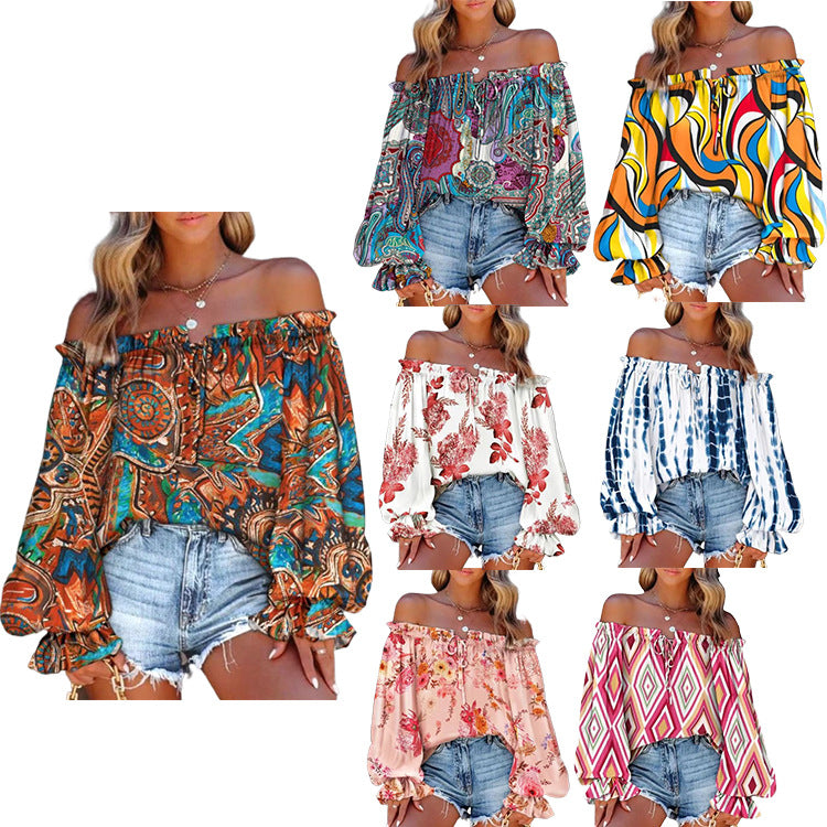 Women's Printed Off-neck Flare Sleeve Tie-neck Shirt