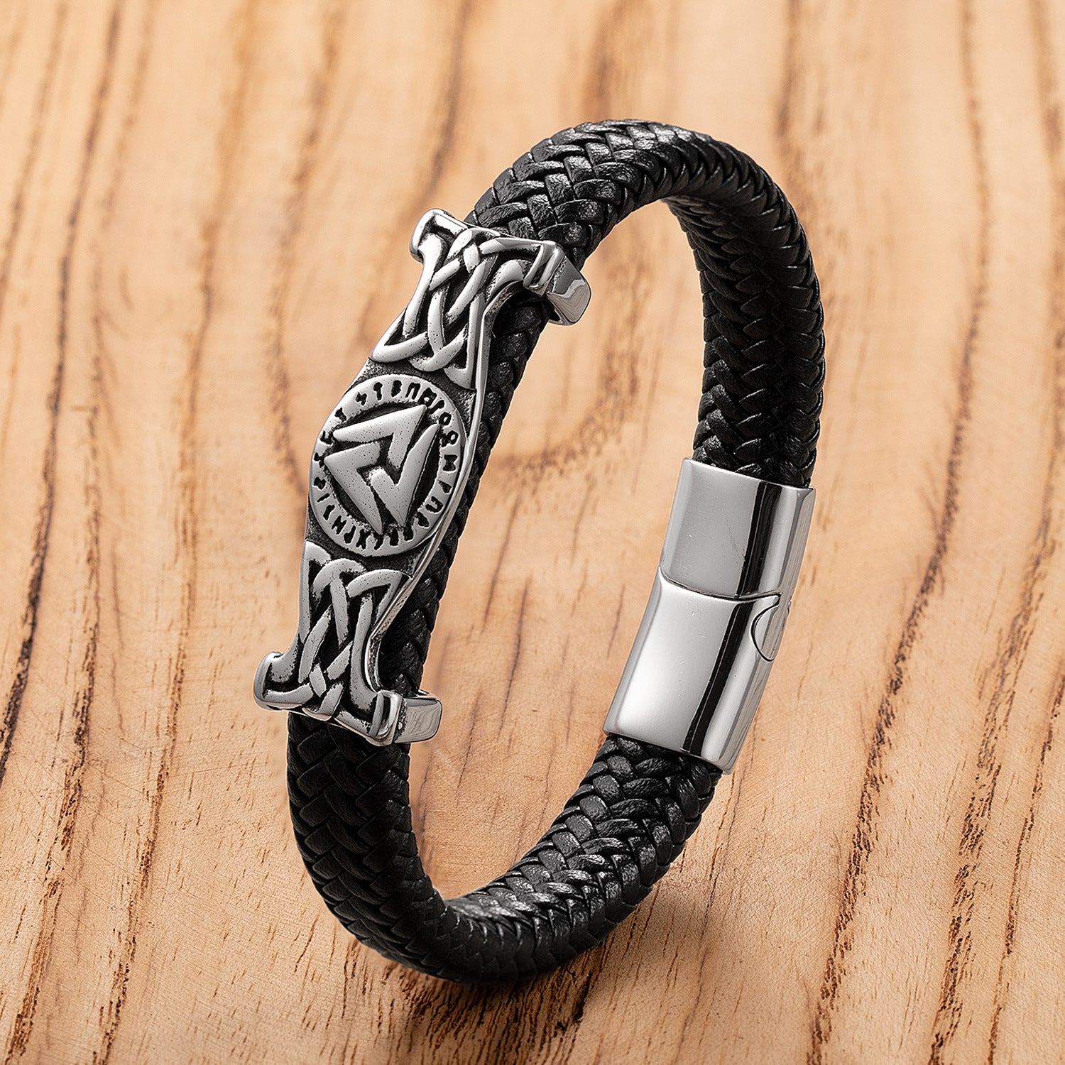 Mens Classic Stainless Steel Leather Bracelet