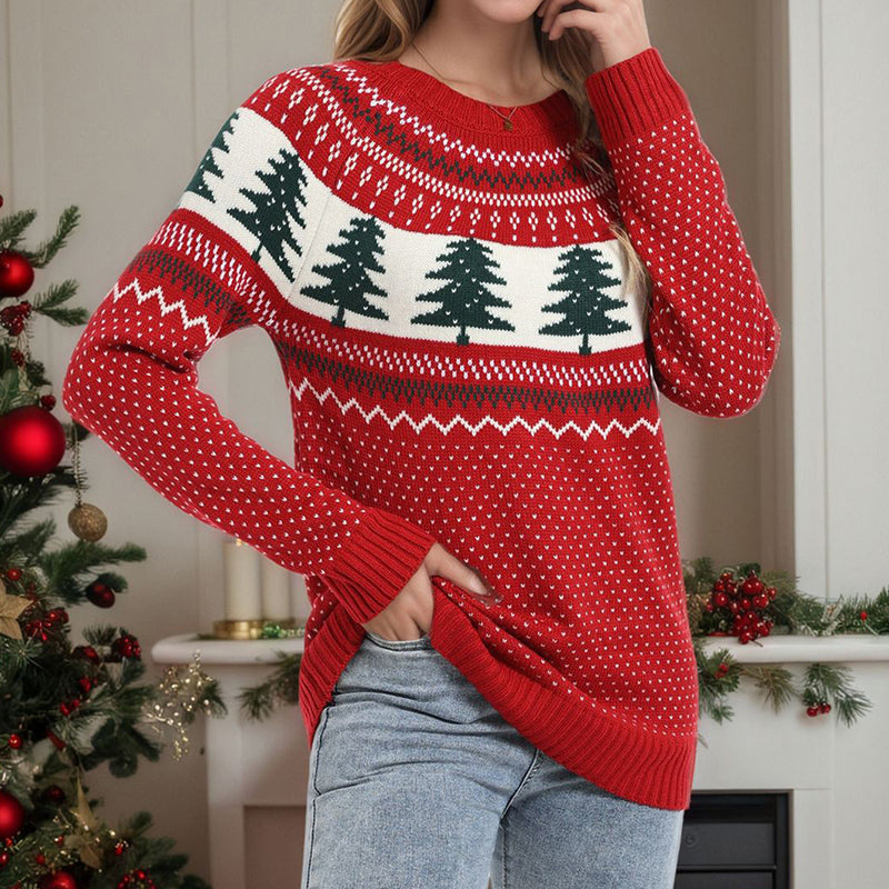 Women's Casual Pine Pattern Sweater, Loose Fit Round Neck Long Sleeve Knit Top For Holiday Parties