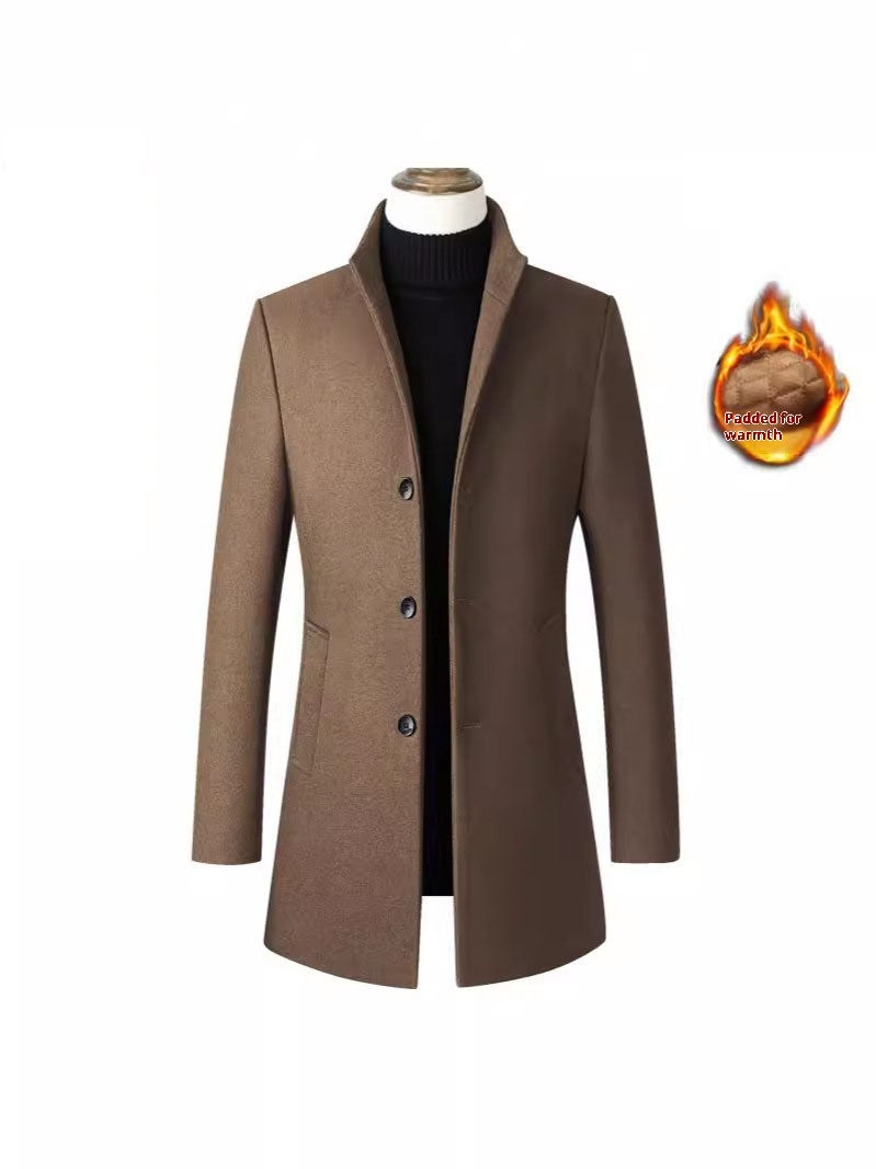 European /  American Single-breasted Stand Collar Coat - Cotton Padded Men's Trench Coat - Woolen Coat