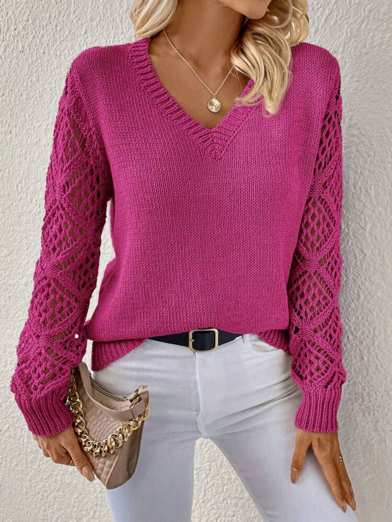 Solid V-neck Pullover Sweater With Hollow Long Sleeve - Fashion Tops For Women Clothing