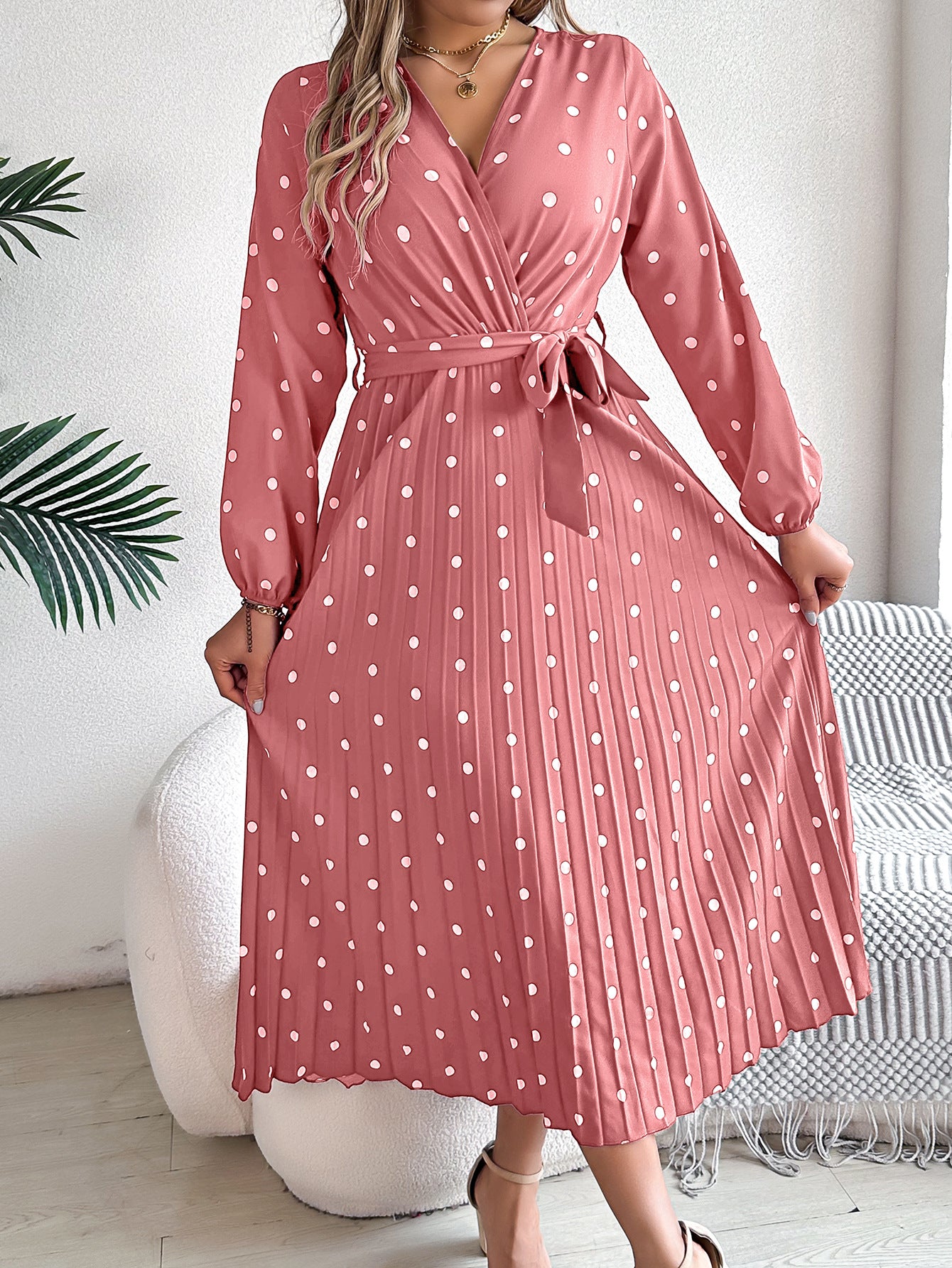 Spring  / Summer  - Elegant Long Dress -  Cross V-Neck Contrast Polka Dot Long Sleeve Pleated  Dresses