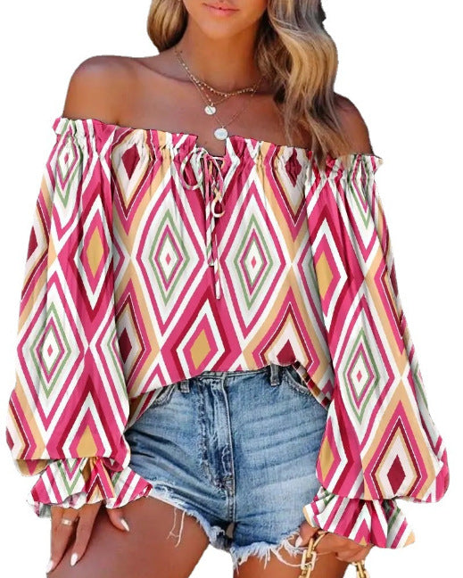 Women's Printed Off-neck Flare Sleeve Tie-neck Shirt