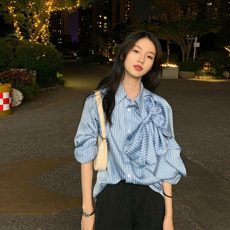 Casual Blue Striped Shirts For Women - Lapel Long Sleeve Korean Bowknot Patchwork Blouses