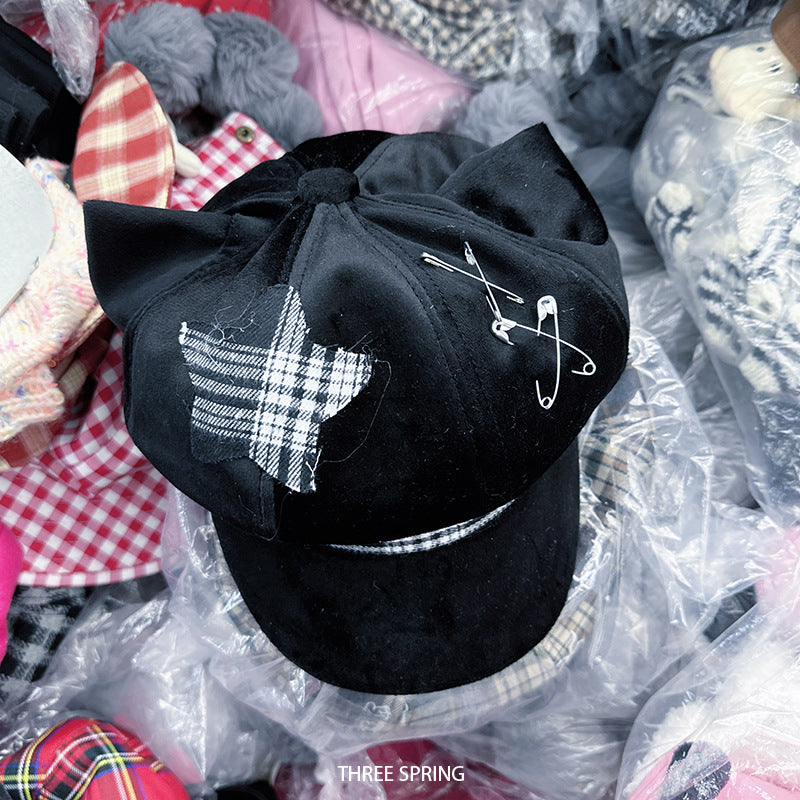 Y2K Subculture Ear-Trimmed Octagonal Cap Womens Plaid & Five-Star Beret