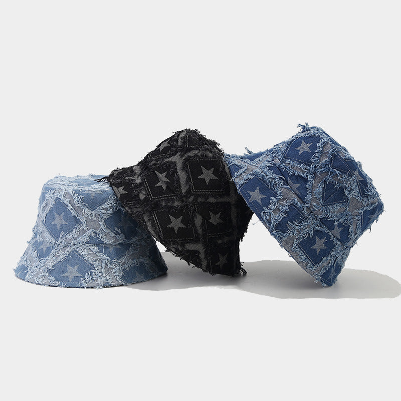 Autumn New Five-pointed Star Raw Edge Denim Bucket Hat