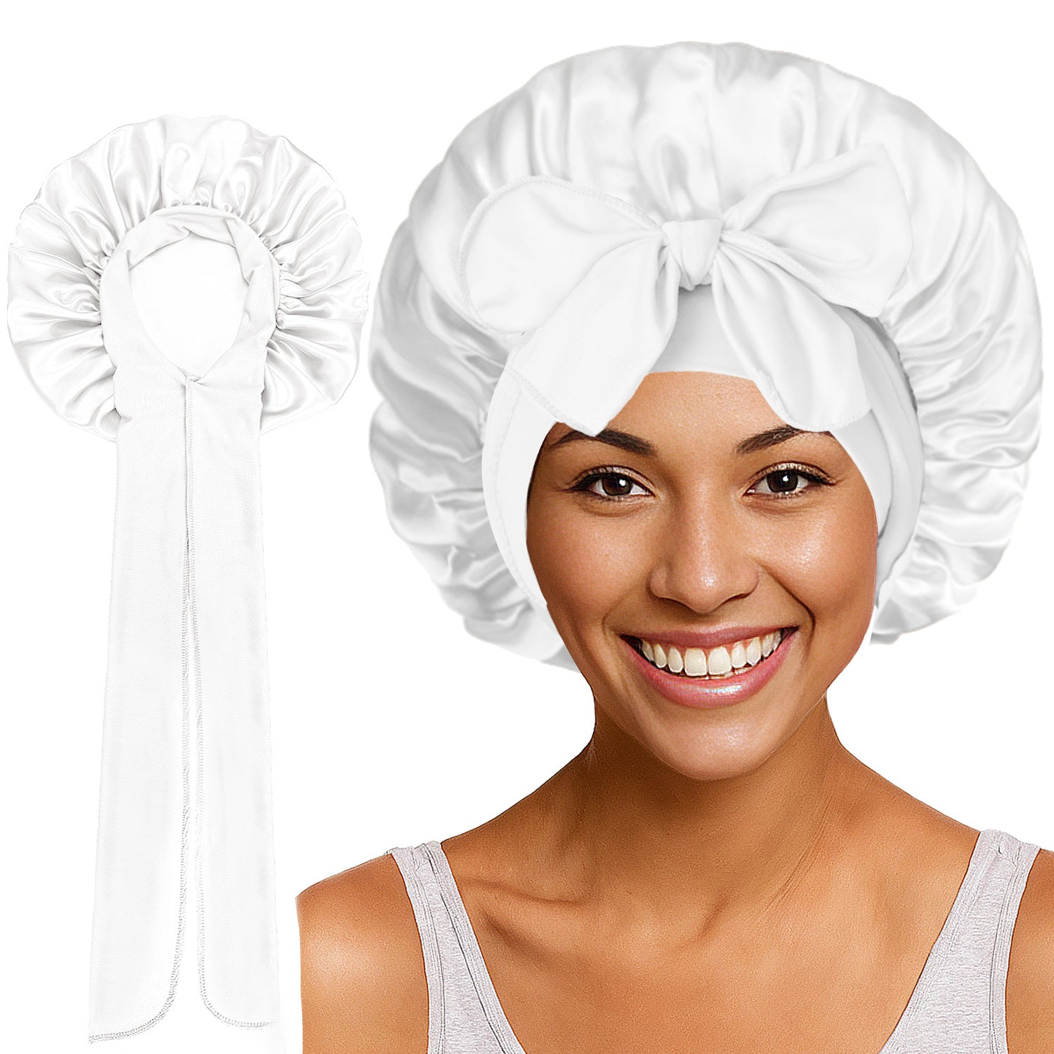 Satin Round Cap Bow Elastic Wide-brimmed Ribbon Nightcap