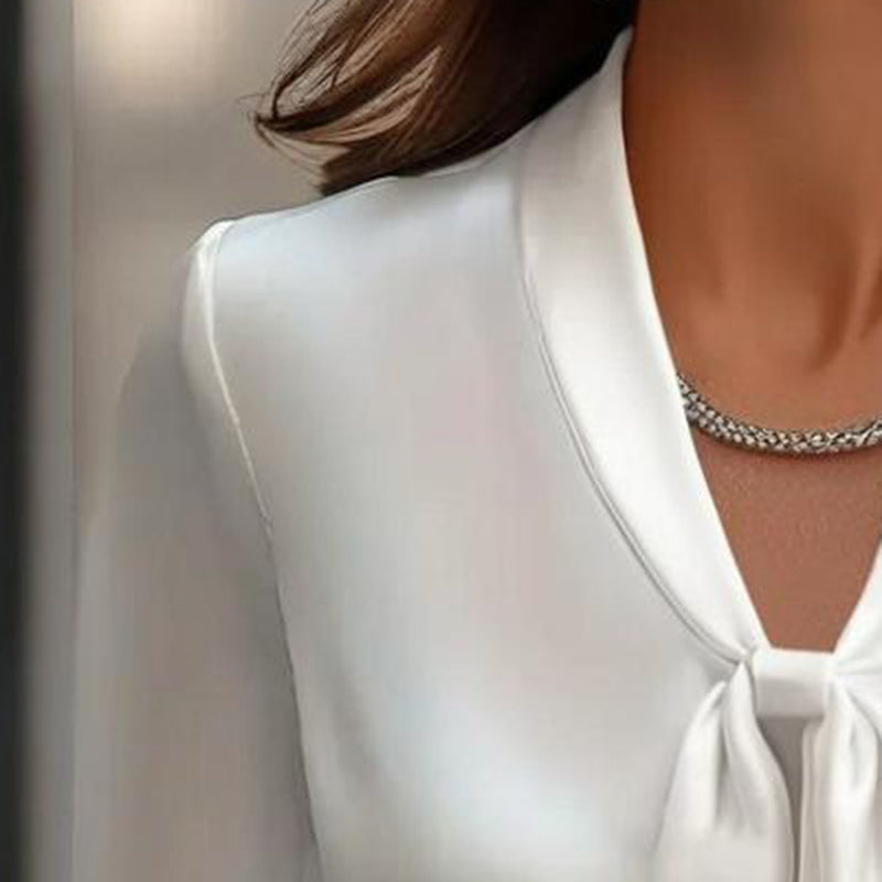 Women's Elegant Blouse With Ribbon Detail, Long Sleeve Dressy Top For Business Casual Office