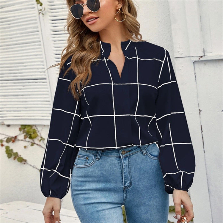 Stand Collar Long Sleeve Plaid Print Women's Shirt