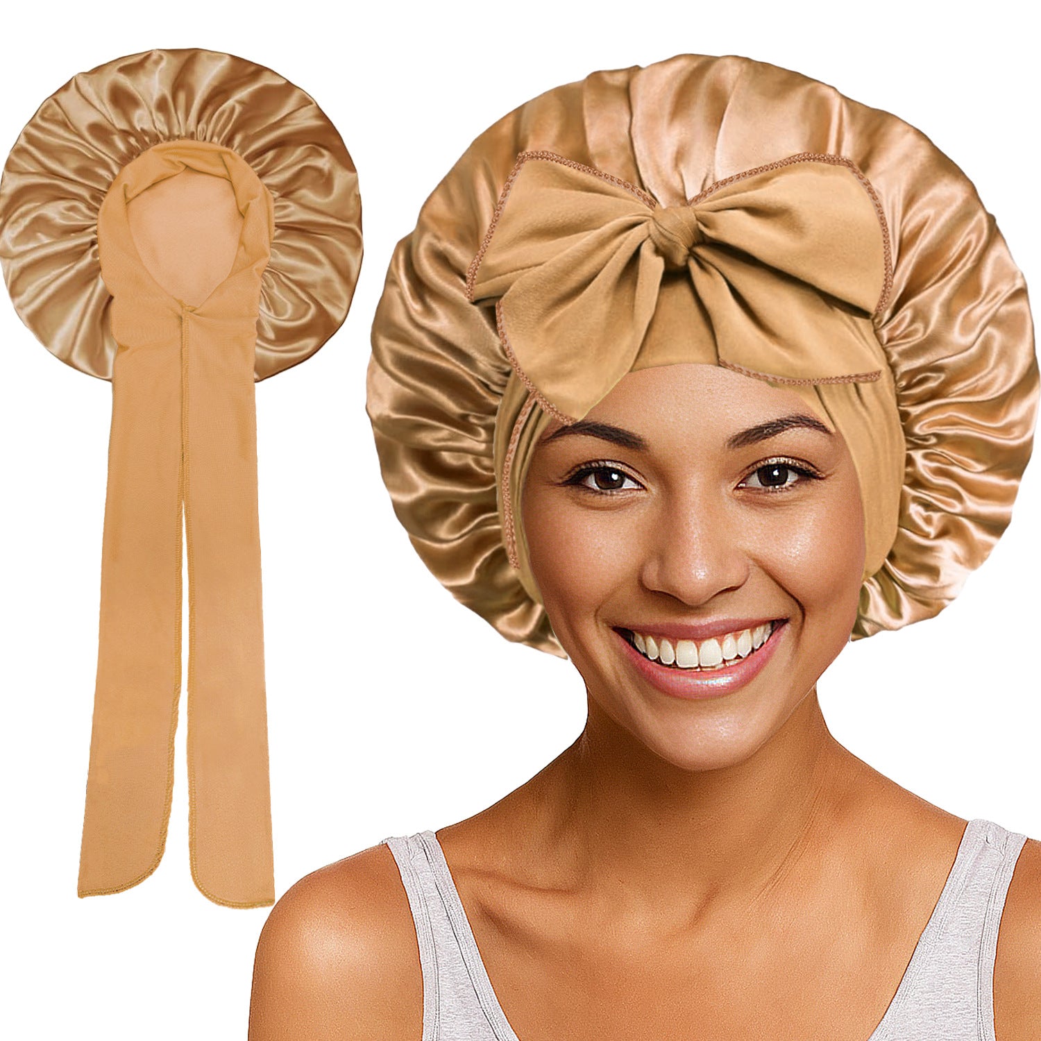 Satin Round Cap Bow Elastic Wide-brimmed Ribbon Nightcap