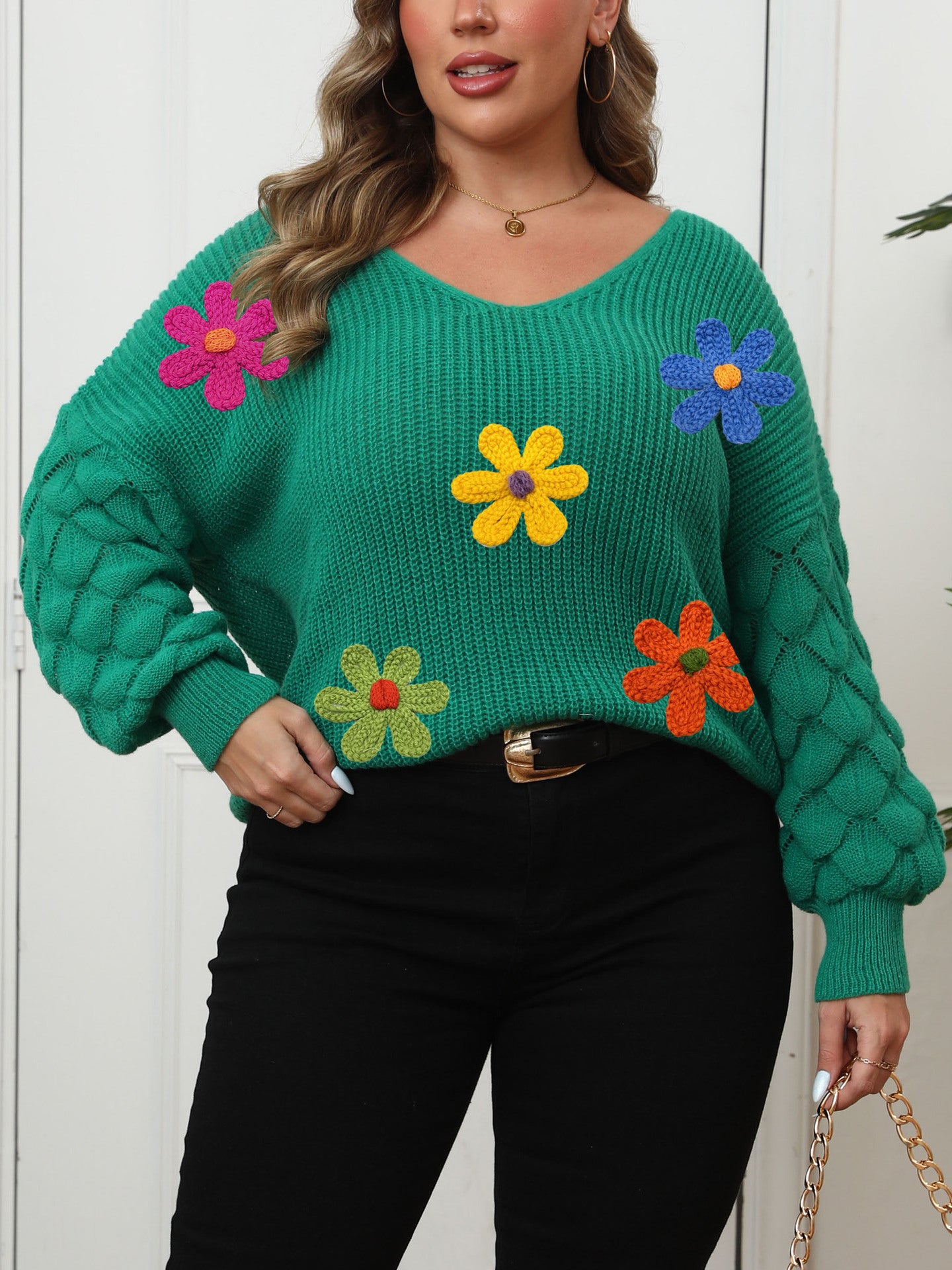 Plus-size Women's Sweater - Pineapple Sleeve Patch Base Shirt - 3D Wool Embroidery Flowers