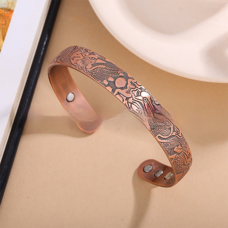 Dragon And Phoenix Pattern Vintage Solid Copper Magnetic Open-End Adjustable Bracelet For Men And Women