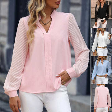 V-neck - Long-sleeved Chiffon Shirt - Lace Stitching - Solid Color Tops Women's Clothing