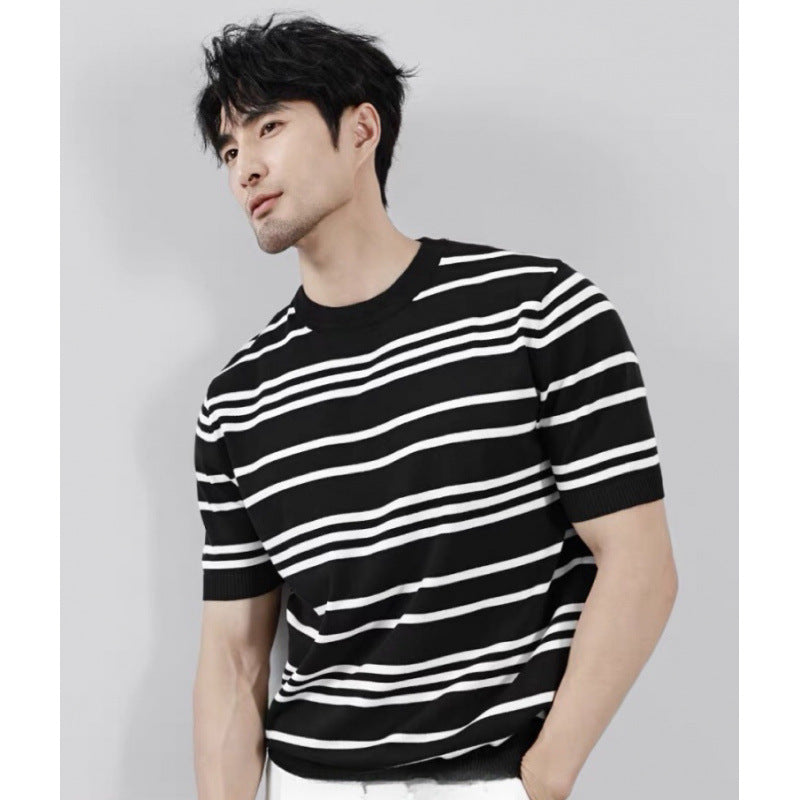 Knitted Ice Silk T-shirt - Men's Short Sleeve Black And White Stripes