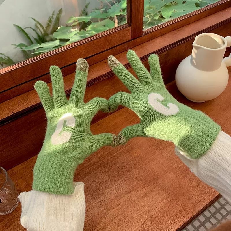 Candy Color  Letter C Thick Cute Wool Knitted Warm Gloves