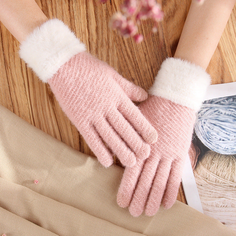 Touch Screen Gloves Female Winter Warm Thickened Knitting Cute Wool Mink-like Velvet Five Finger Gloves