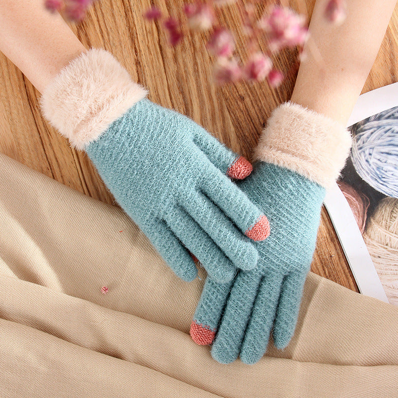 Touch Screen Gloves Female Winter Warm Thickened Knitting Cute Wool Mink-like Velvet Five Finger Gloves