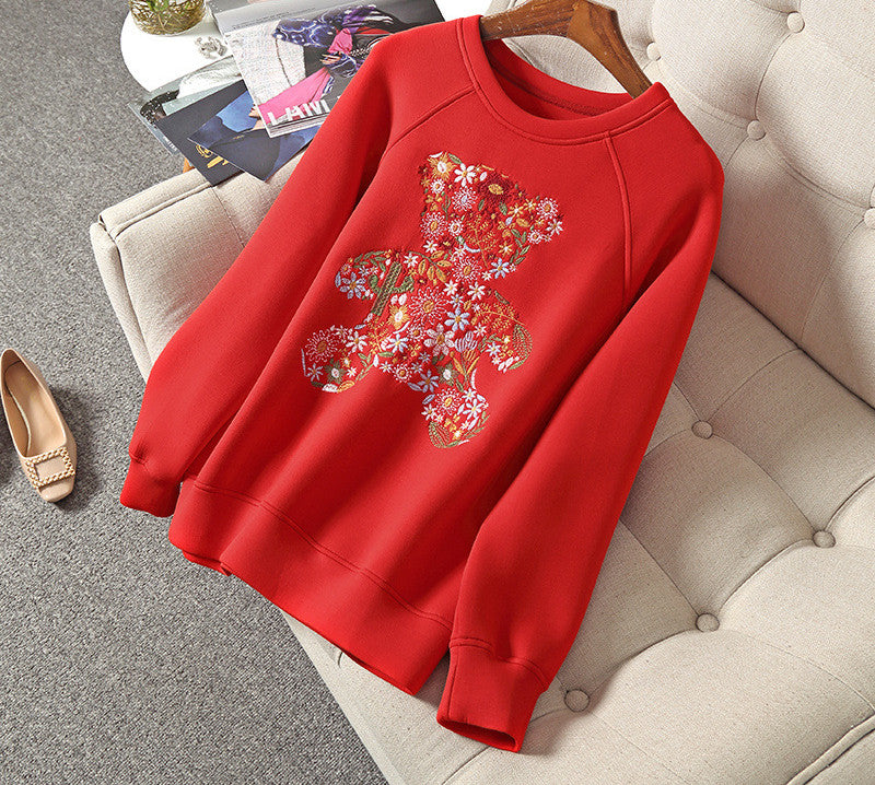 Embroidered Bear Space Cotton Sweater Women