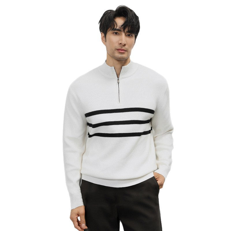 Autumn / Winter New Long-sleeved Knitted Sweater For Men - Half-zip Stand-up Collar Stripe