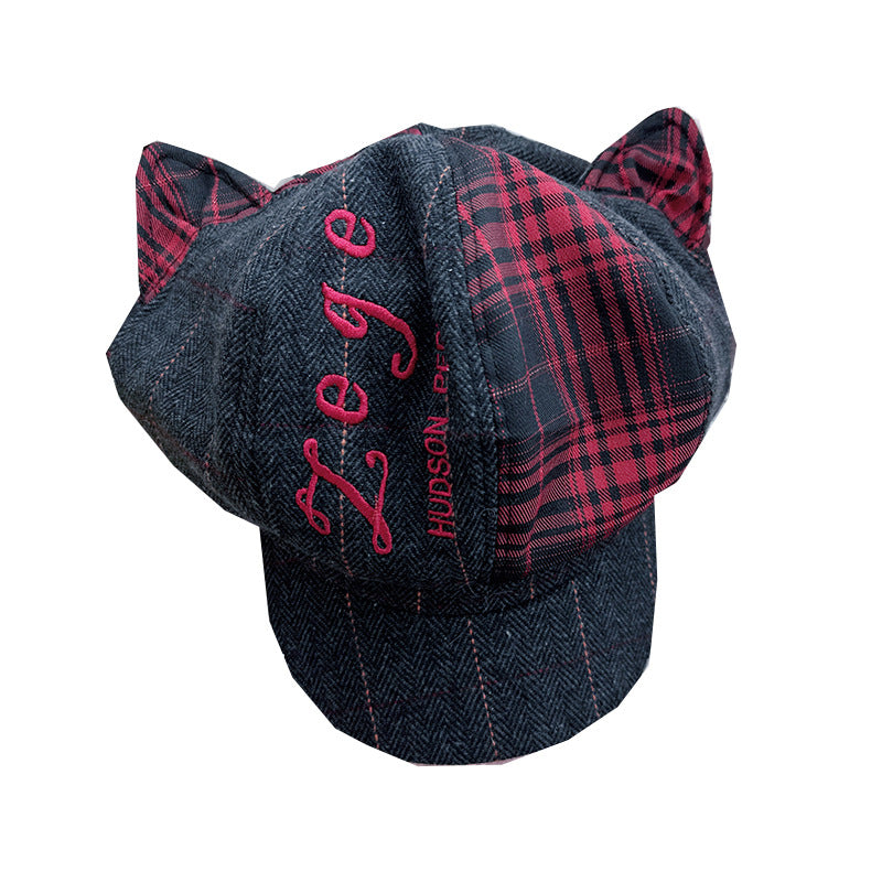 Y2K Subculture Ear-Trimmed Octagonal Cap Womens Plaid & Five-Star Beret