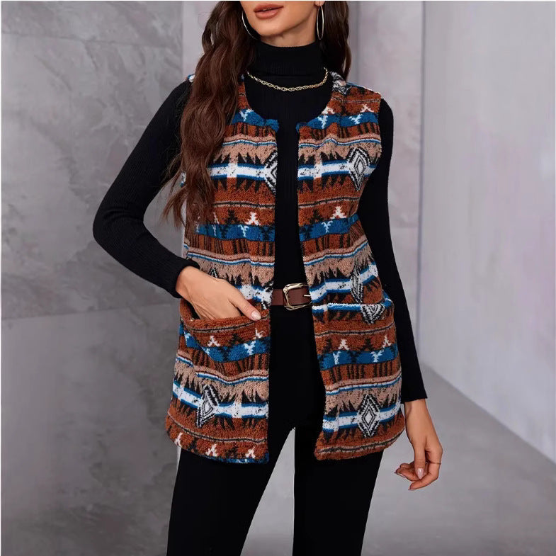 Autumn / Winter Ethnic Style Printed Large Pocket Plush Vest
