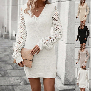 New V-neck Knitted Dress  - Fashion Solid Color  - Hollow Long-sleeved Sweater Dresses Women's Clothing