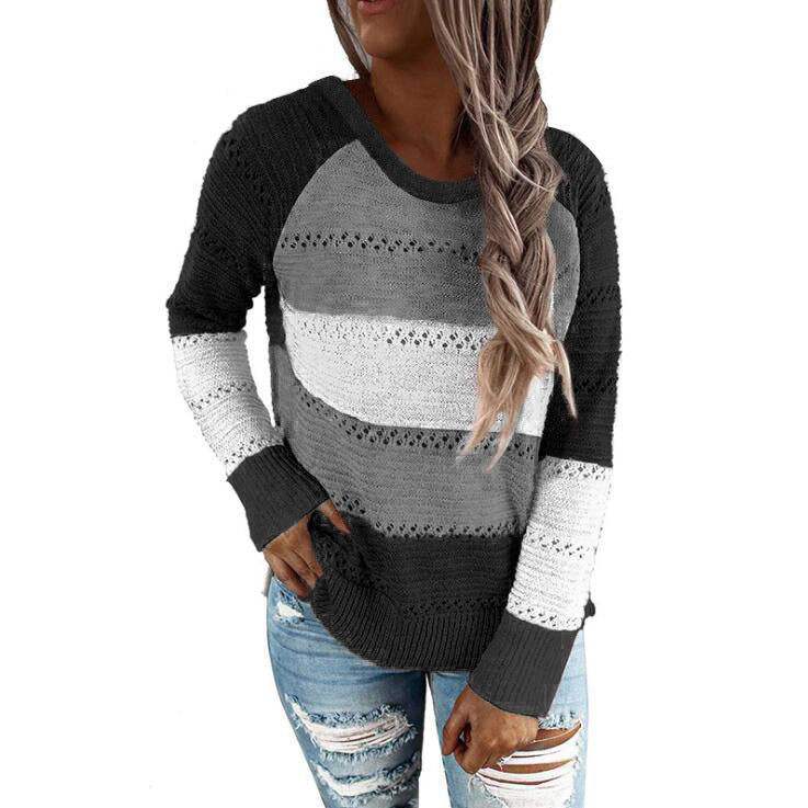 Long sleeve pullover color block sweater top