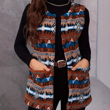 Autumn / Winter Ethnic Style Printed Large Pocket Plush Vest