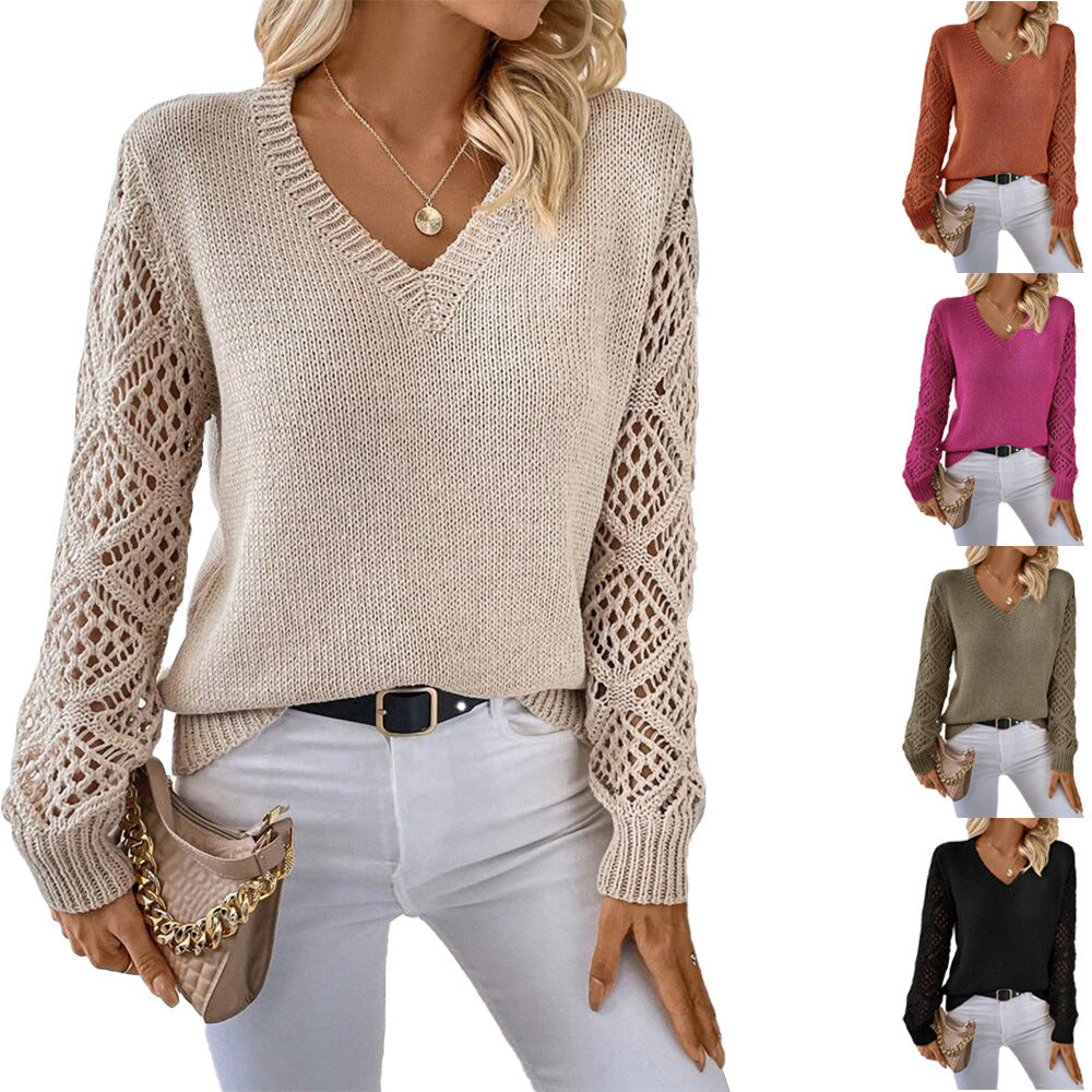 Solid V-neck Pullover Sweater With Hollow Long Sleeve - Fashion Tops For Women Clothing