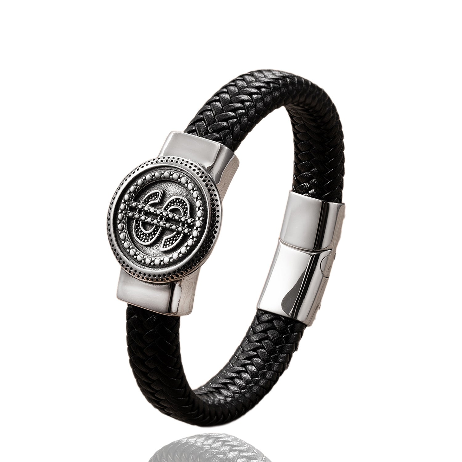 Mens Classic Stainless Steel Leather Bracelet