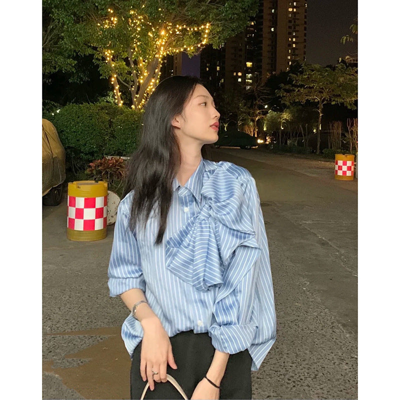 Casual Blue Striped Shirts For Women - Lapel Long Sleeve Korean Bowknot Patchwork Blouses