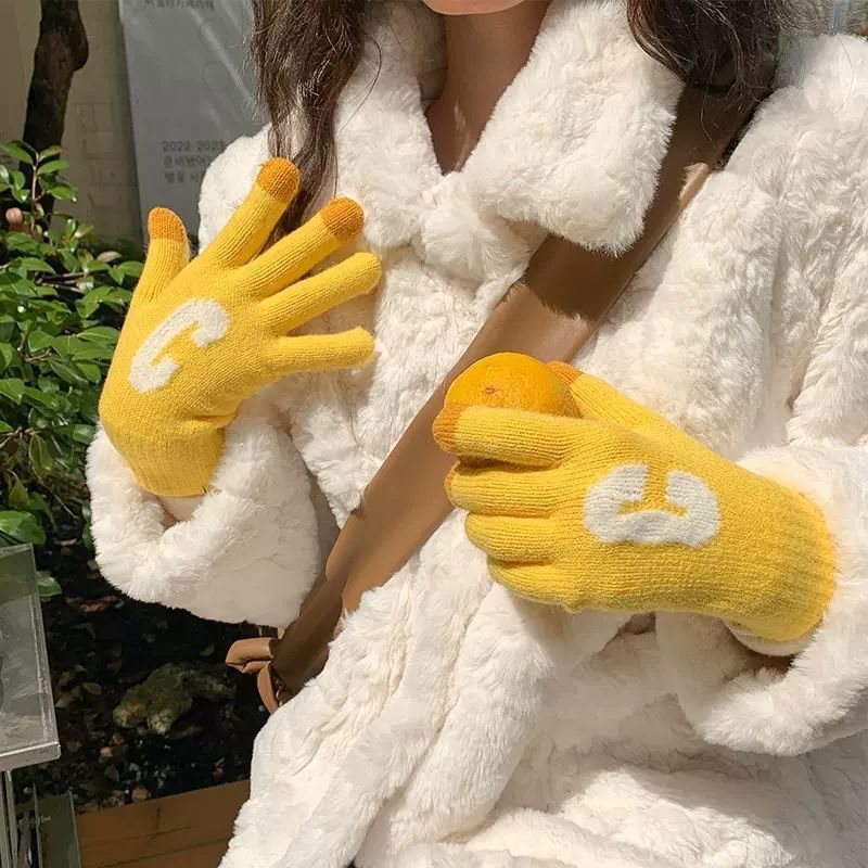 Candy Color  Letter C Thick Cute Wool Knitted Warm Gloves