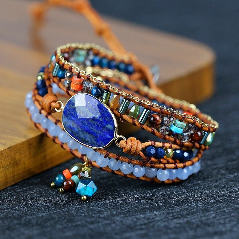 Lapis Lazuli Bezel-Set Hand-Knitted Multi-Layer Wax Cord Bracelet