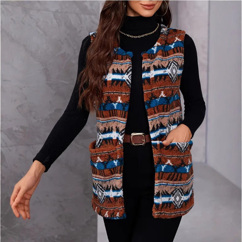 Autumn / Winter Ethnic Style Printed Large Pocket Plush Vest