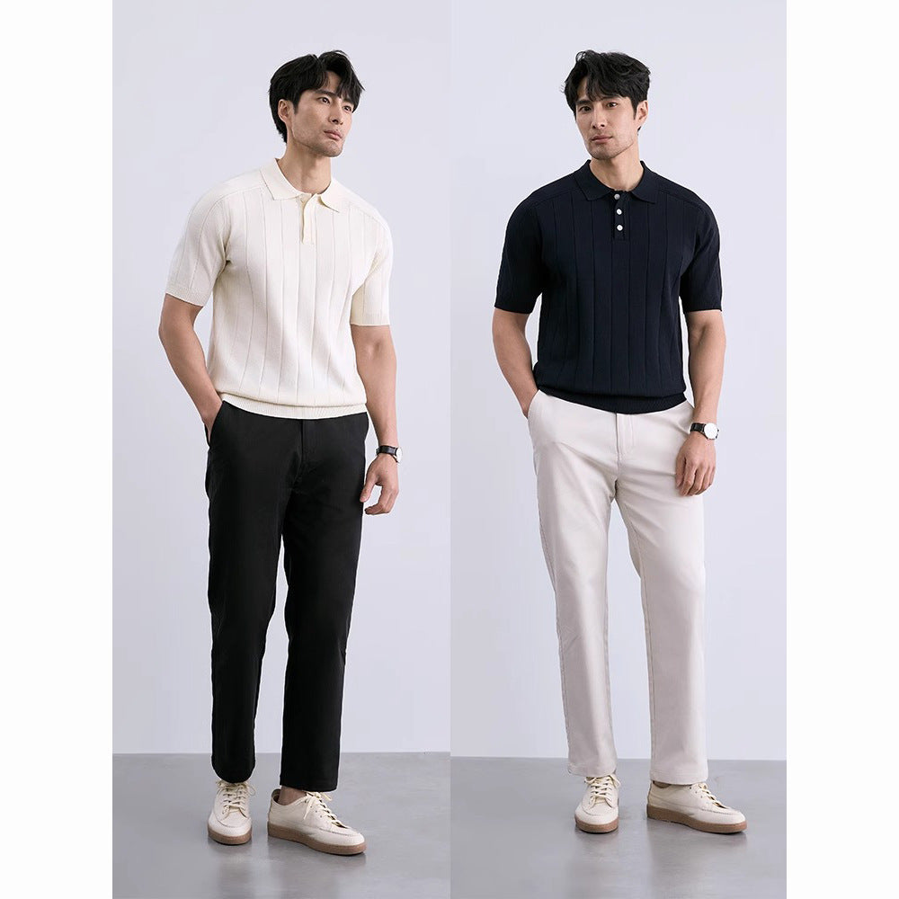 Summer New Knitwear Ice Silk Short Sleeve Men's Striped Slim Fit