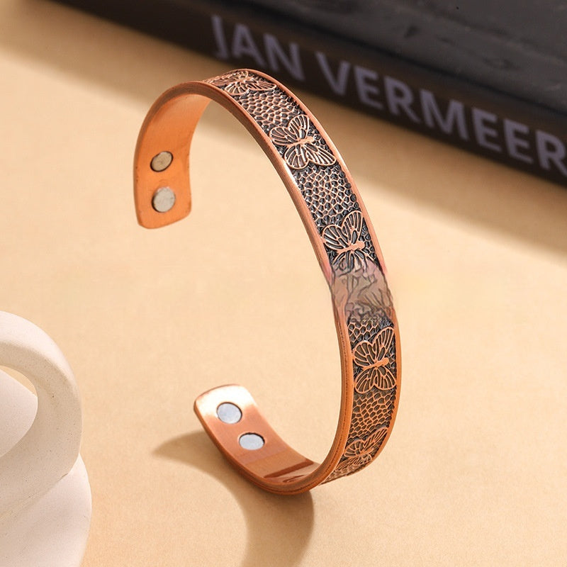 Red Copper Magnetic Vintage Bracelet With Butterfly Design Widened Magnetic Clasp