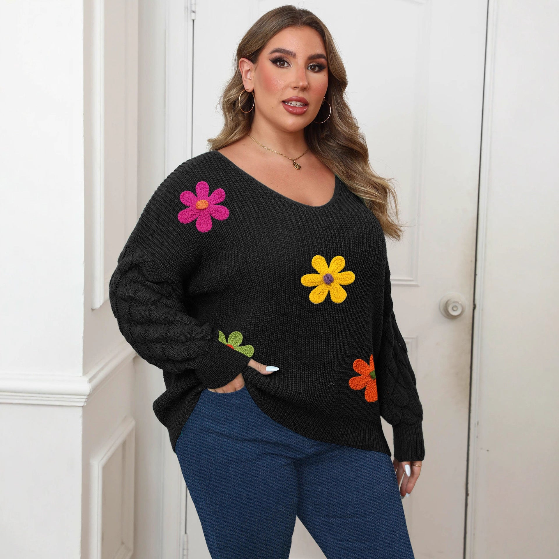 Plus-size Women's Sweater - Pineapple Sleeve Patch Base Shirt - 3D Wool Embroidery Flowers
