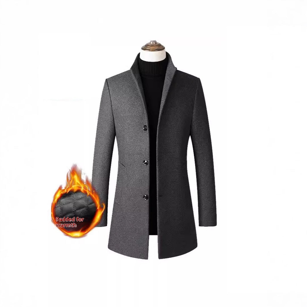 European /  American Single-breasted Stand Collar Coat - Cotton Padded Men's Trench Coat - Woolen Coat