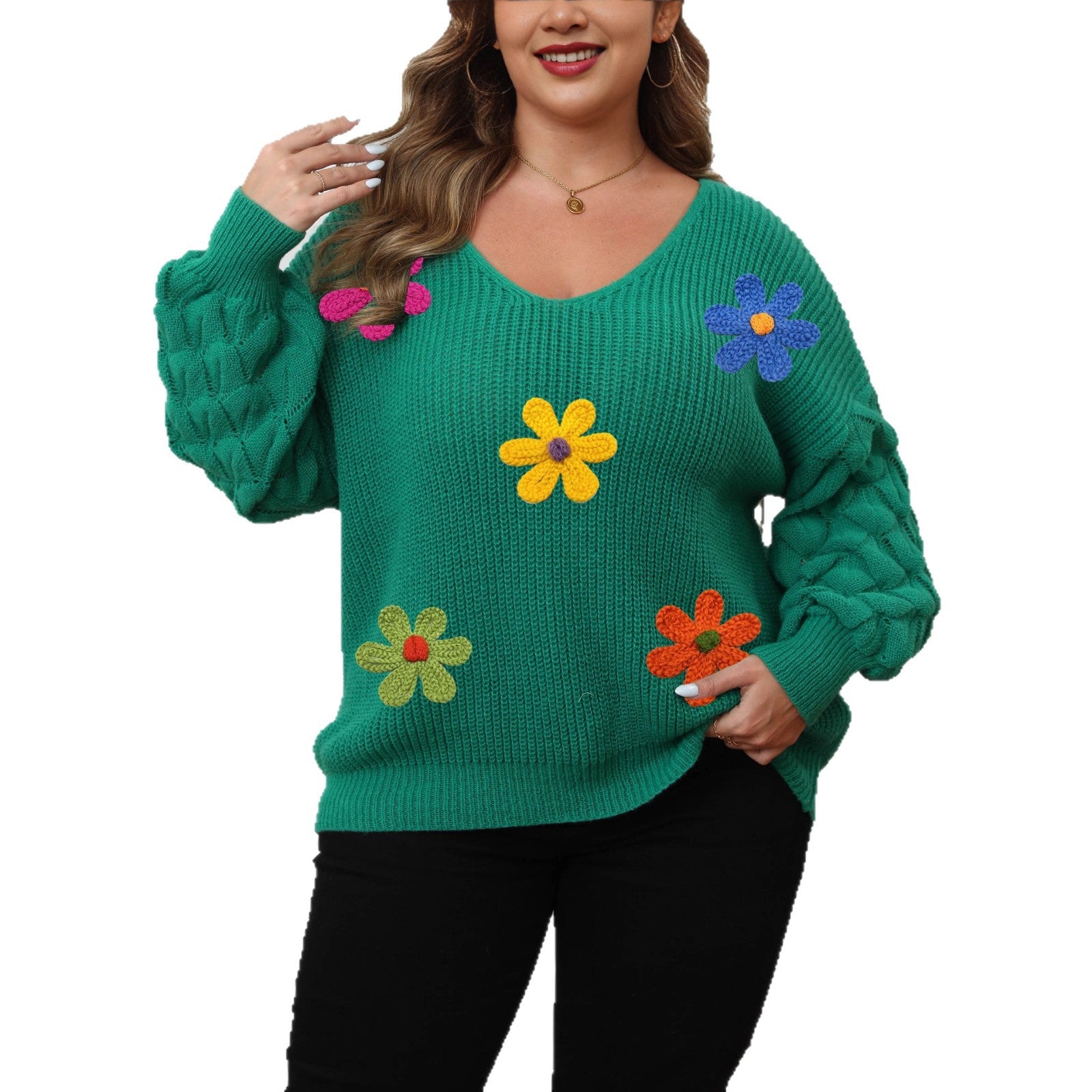 Plus-size Women's Sweater - Pineapple Sleeve Patch Base Shirt - 3D Wool Embroidery Flowers