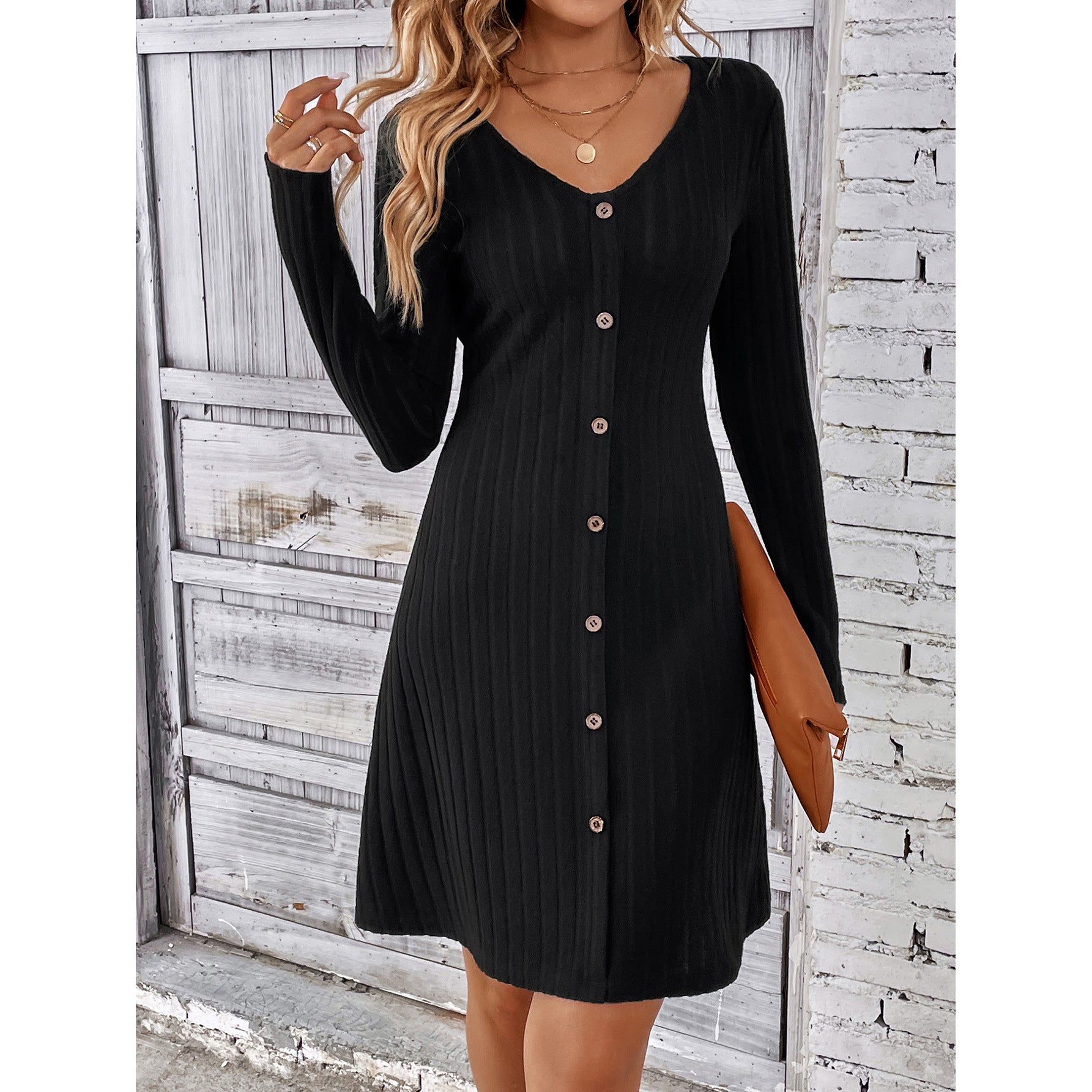 Fashion V-neck Long Sleeves Dress -  With Button Waist-controlled Design  - Slim Dresses Women's Clothing